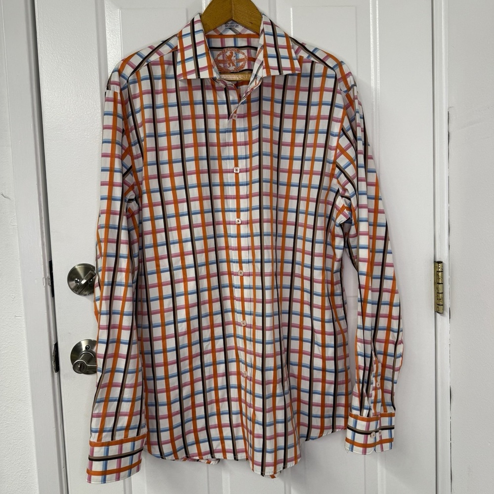 Bugatchi Uomo Shaped‎ Fit Large Orange Pink Plaid Flip Cuff Logo Dress Shirt